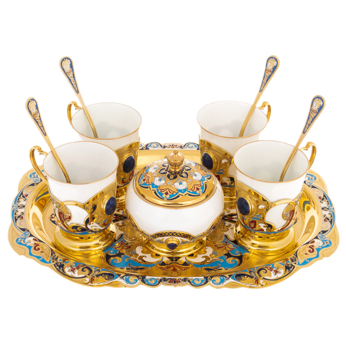 Coffee set "Dawn" with lapis lazuli and enamels, for 4 persons, Zlatoust