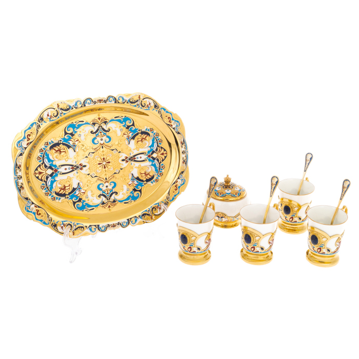 Coffee set "Dawn" with lapis lazuli and enamels, for 4 persons, Zlatoust