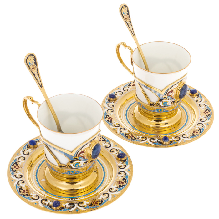 Duet coffee set with lapis lazuli, for 2 persons, Zlatoust