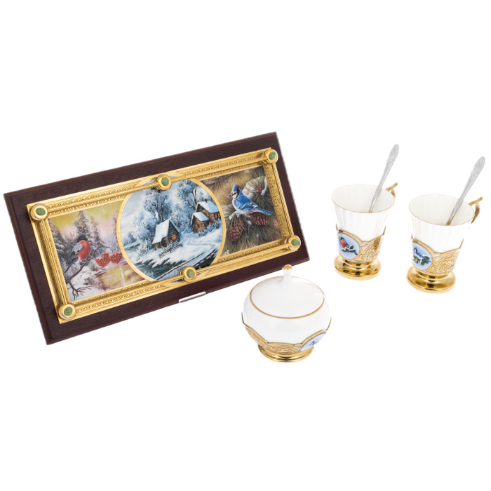 Coffee set "Winter birds" with sugar bowl, for 2 persons, Zlatoust