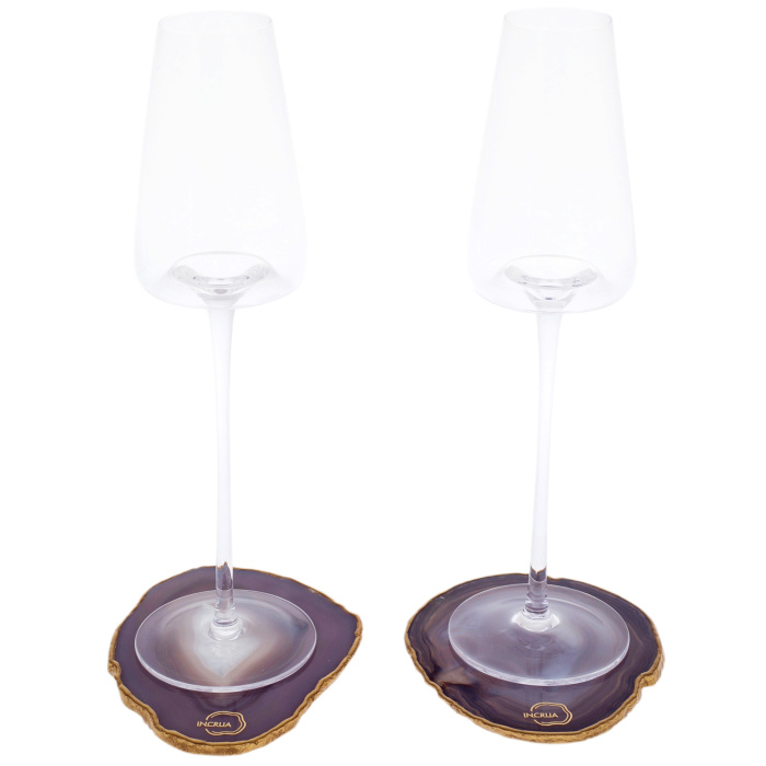 Set of Champagne glasses on a stand made of natural cut agate, for 2 persons, purple