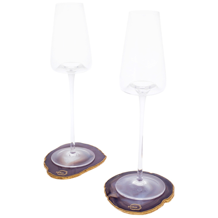 Set of Champagne glasses on a stand made of natural cut agate, for 2 persons, purple