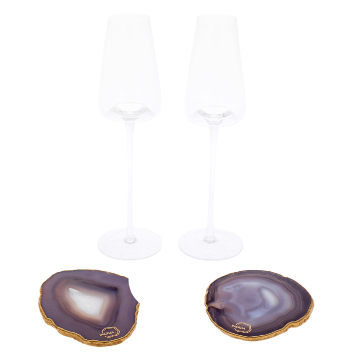 Set of Champagne glasses on a stand made of natural cut agate, for 2 persons, purple