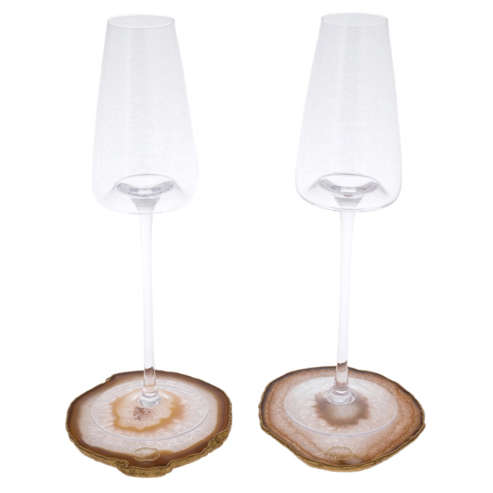 Set of Champagne glasses on a stand made of natural cut agate, for 2 persons, brown