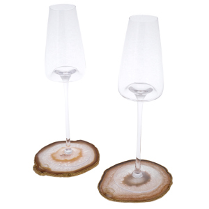 Set of Champagne glasses on a stand made of natural cut agate, for 2 persons, brown