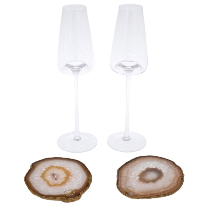 Set of Champagne glasses on a stand made of natural cut agate, for 2 persons, brown