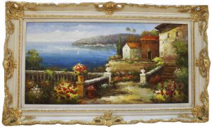 Painting "Terrace in flowers", color: ivory with gold decor